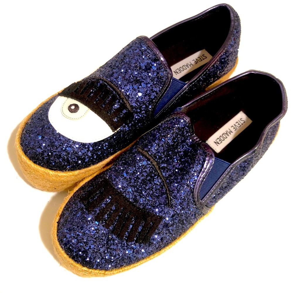 Steve Madden Espadrilles SlipOn Sneakers Winking Eye Blue Purple sparkle glitter